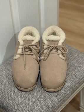 UGG Women's Suede Lace-Up Shearling-Trim Shoes in Taupe and Cream